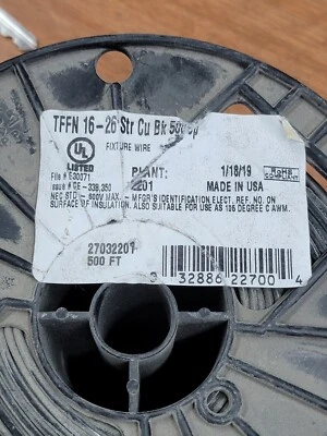 Southwire TFFN 16-26 Str Cu Bk 500Sp Copper Wire, 600V, Black, 500Ft. Bld2 - Image 1 of 2