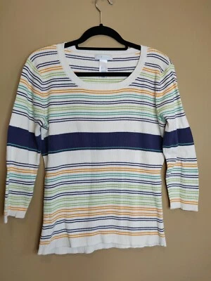 Lizwear Mujer L Jersey Suéter Multicolor Rayas Cuello Redondo Manga 3/4 Foto 1 de 4