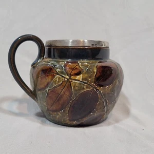 Royal Doulton Lambeth Stoneware Pottery Brown Leaf, Sterling Silver Rim, Damaged - Picture 1 of 4