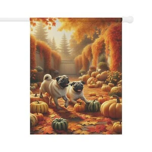 Autunm/Fall - Garden & House Banner - Pugs Playing ni the Fall Garden - Picture 1 of 9