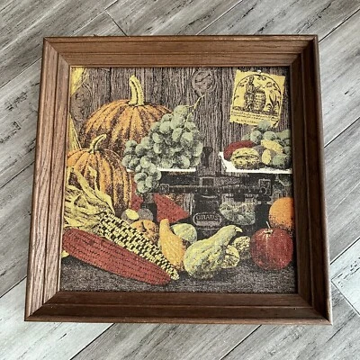 Vtg Kay Dee 100% Linen Hand Prints Autumn Framed Scene Pumpkins Gourds Corn Fall - Image 1 of 4