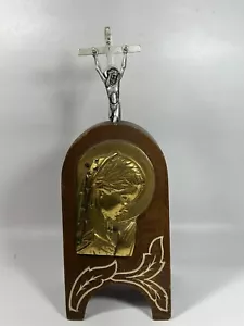 Vergine Maria vintage bronzo/ottone su base legno Santa Madre Madonna con crocifisso - Foto 1 di 19