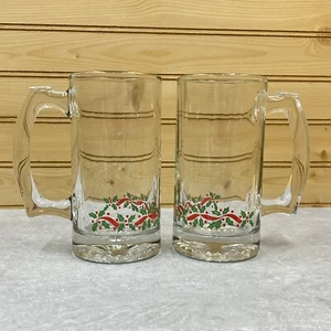 Vintage Libbey Holly Berry Mugs Steins Tall Heavy Gold Trim Christmas Set of 2 - Picture 1 of 7