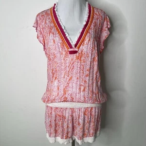 Poupette St. Barth Women's Red Orange V-Neck Graphic Print Romper Size Small - Picture 1 of 11