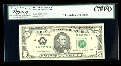 DBR 1988A $5 San Francisco Superb Gem Fr. 1980-L Legacy 67 PPQ Serial L28260952G - Image 1 of 2