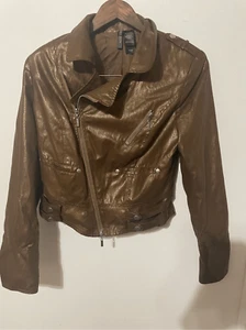 Bisou Bisou Women’s Large Brown Faux Leather Full Zip Moto Cropped Jacket - Picture 1 of 7