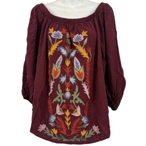 Solitare Womens Embroidered Off The Shoulder Burgundy Top Boho Shirt sz XL - Picture 1 of 16
