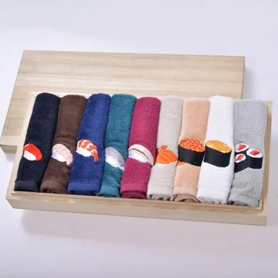 Japanese Luxury Oshibori Towels 9pcs Color Set Cotton 100% Wooden Box Sushi - Image 1 of 3