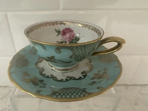 Tazza da tè e piattino Mitterteich Germania Baviera.  Acqua con rosa. Accenti dorati. RARO - Foto 1 di 10