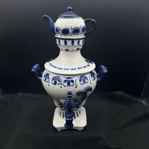 Vintage Gzhel Russland Porzellan blau weiß Deko Samowar mit Mini Teekanne - Bild 1 von 20