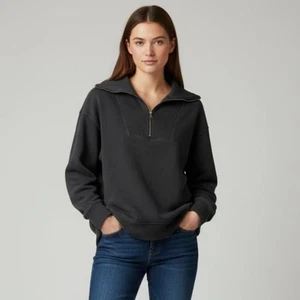 C&C CALIFORNIA Hailey Salt Wash Half Zip Sweatshirt In Black Sand Size Medium - Picture 1 of 9