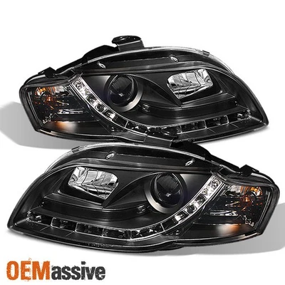 Fits Black 2006-08 A4 A4-Quattro LED Strip Projector Headlights Lights Lamps DRL - Image 1 of 3