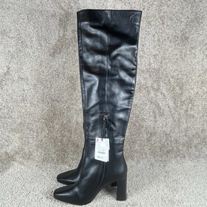 Zara Over The Knee Boots Womens Size 9 Black Leather High Block Heel - Picture 1 of 11