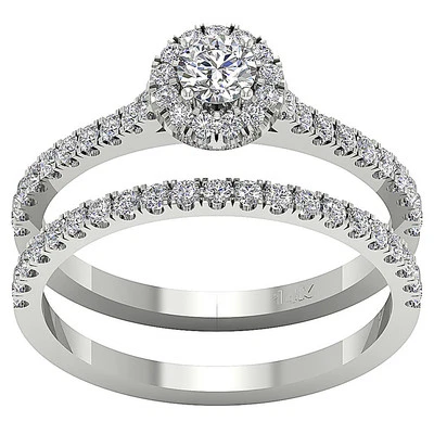 Juego de anillos de compromiso con halo para novia I1 G 1,01 quilates diamante real oro 14K valoración Foto 1 de 4