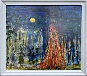 Expressionist Landschaft mit Personen im Mondschein Modernes Ölbild  - Bild 1 von 13