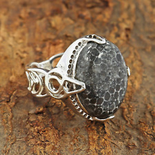 Natural Fossil Black Coral Gemstone Ring 925 Sterling Silver Oval Shape Ring S-7