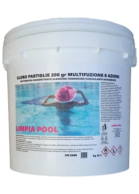 Limpia Pool MULTIFUNZIONE 6 AZIONI COMPRESSE 200 GR Cloro Acqua Piscine 10 KG