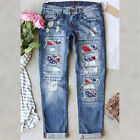 Women July 4th Independence Day Flag Print Straight-Leg Ripped Jeans Trousers