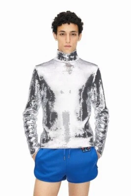  rabanne X H&M Holiday Silver Sequin Men Turtle Neck Shirt Size S NWT - Image 1 of 4