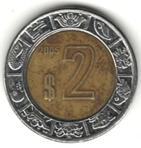 2005 Mexican 2 pesos ~ BIMETALLIC ~ YOU GRADE IT ~ PLEASE SEE THE SCAN stk 013 - Picture 1 of 4