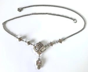 Vintage Silver-tone Necklace 17" w/ White Rhinestones & Dangler - Picture 1 of 7