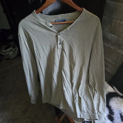 Mens Polo Army Green Henley Long Sleeve - Image 1 of 3
