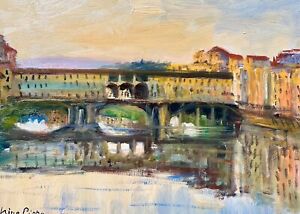 Peinture à l'huile originale Nino Pippa classée beaux-arts Toscane Florence Ponte Vecchio