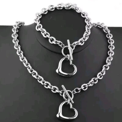 Two piece silver heart charm t-bar link necklace and bracelet with gift box 040 - Image 1 of 4