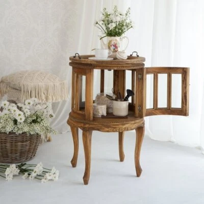 Teeschrank Barschrank CORUNA-Rund Mahagoni Antik Natural Beistelltisch Shabby - Bild 1 von 4