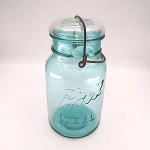 1923-1833 Ball #6 Ideal Mason Jar Aqua Blue Glass Wire Bail Clasp clear lid - Picture 1 of 11