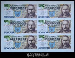 POLAND 5000000 5 Million Zlotych 1995 PILSUDSKI UNCUT SHEET PREFIX AR VERY RARE - Picture 1 of 9
