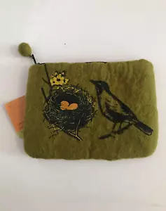 Fibres Of Life Small Wool Single Pocket Clutch Moss Green Bird, Nest, Eggs NWT - Bild 1 von 6