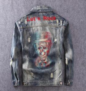UK Men's Skull Embroidery Denim Jacket Punk Rock Distressed Jean Coat Streetwear