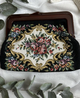 VINTAGE Tapestry Petite Point Rose Floral Flower Black COIN PURSE Hong Kong🖤 - Image 1 of 4