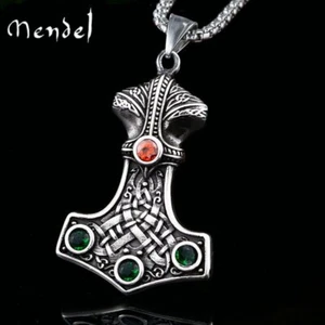 MENDEL Mens Stainless Steel Nordic Viking Thors Hammer Mjolnir Pendant Necklace - Picture 1 of 6