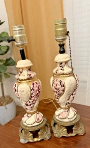 Paar italienische Capodimonte Stil Porzellan Boudoir Lampen Creme Gold Rosa Messing - Bild 1 von 16