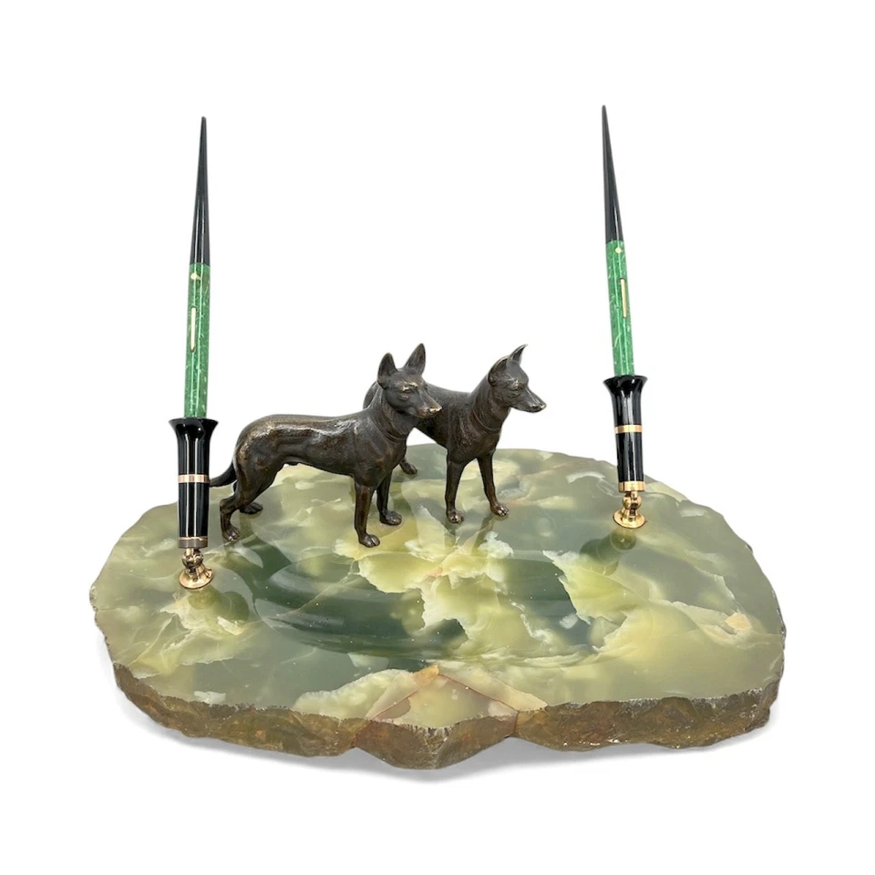 Antique circa 1929 Sheaffer Fountain Pen Desk Set Bronze German Shepherd Dogs - Image 1 of 4