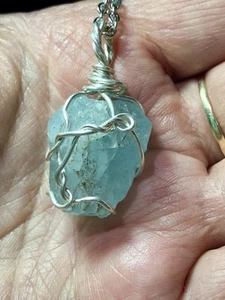 Aquamarine Crystal , Wire Wrapped Pendant , Natural Stone Necklace - Picture 1 of 4
