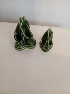 Vintage Set 2 Majolica Style Flower Frog 3 Lotus Leaves Pottery 3.5" And 2.75" - Picture 1 of 9