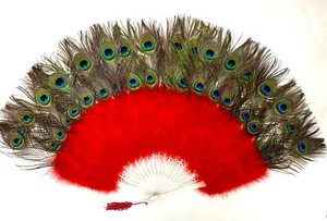 MARABOU FEATHER FAN with Double Layer of Peacock Feathers 36" x 20" Halloween - Picture 1 of 9