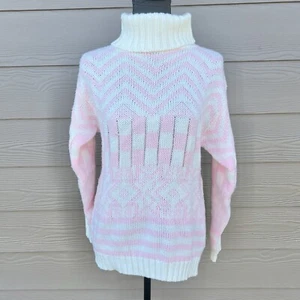 Erika Vintage 80s 90s Pastel Pink Cream Fair Isle Turtle Neck Knit Sweater Sz M - Picture 1 of 14