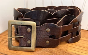 Women’s Leather Belt Woven Brass Buckle Black & Brown London Small - Picture 1 of 8