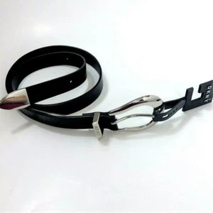 DKNY DONNA KARAN Crinkle BLACK BELT Silver Metal Buckle & Tipped End SZ S NWT - Picture 1 of 3