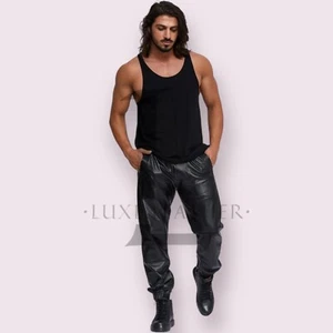 Mens Black Leather Causal Leather Pant In Genuine Lambskin Leather Slim Fit Pant - Picture 1 of 4