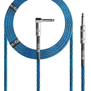 Mophead 15' Braided 1/4" TS to 1/4" TS Guitar Cable Right Angle Blue and Black - Picture 1 of 9