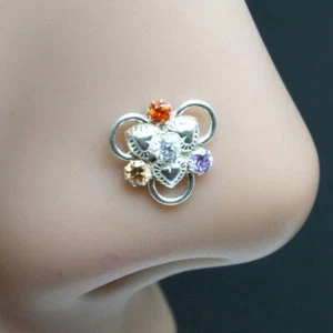 Floreale 925 Argento Sterling Multicolore Cz Naso Anello Spingere Pin - Foto 1 di 3