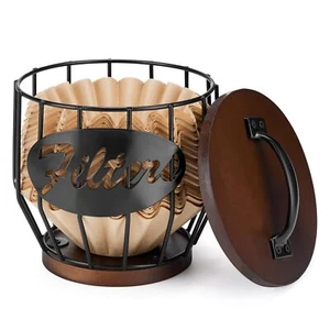 Coffee Filter Holder With Wood Lidwood And Metal Coffee Filter Storage Container - Picture 1 of 7