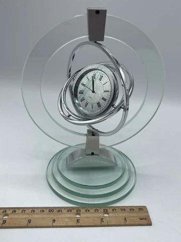 Orbital Glass Clock Revolving Time Chrome Silver Desk Stand Retro 8" Cover