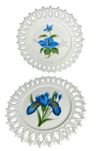 Kemble Sheaf of Wheat Milk Glass 7” Plate Hand Painted Blue Flowers Set Of 2 - Picture 1 of 9