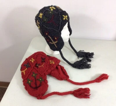 Gorro de invierno de lana tejido a mano lote de 2 hechos en Nepal para mujer pequeño Foto 1 de 4